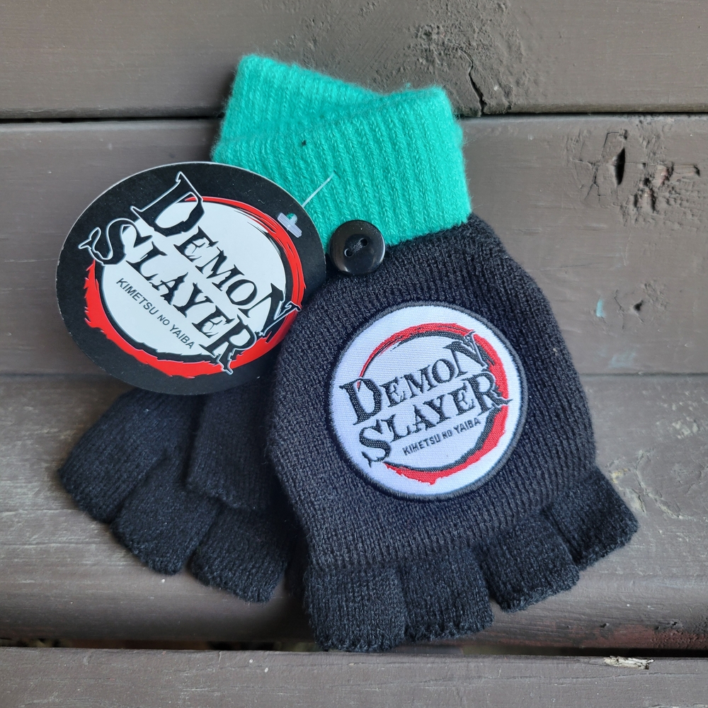 Demon Slayer Black and Teal Fingerless Gloves
